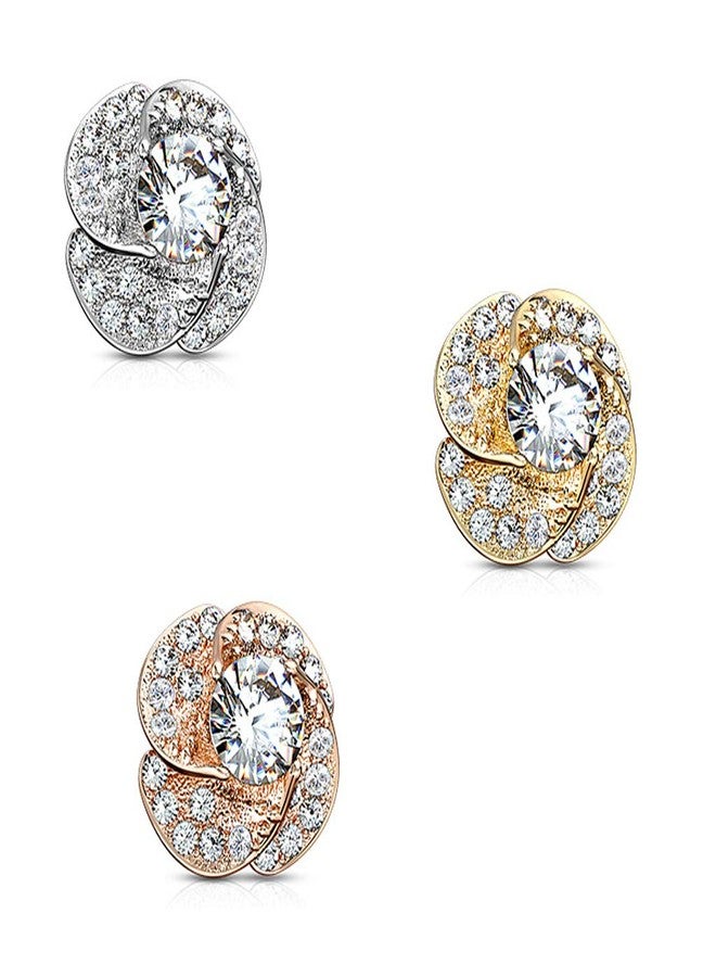 FIFTH CUE 14G CZ Paved & Round CZ Center Rose Blossom 316L Surgical Steel Internal-Threaded Dermal Anchor Top (Gold/Clear) - Image 4
